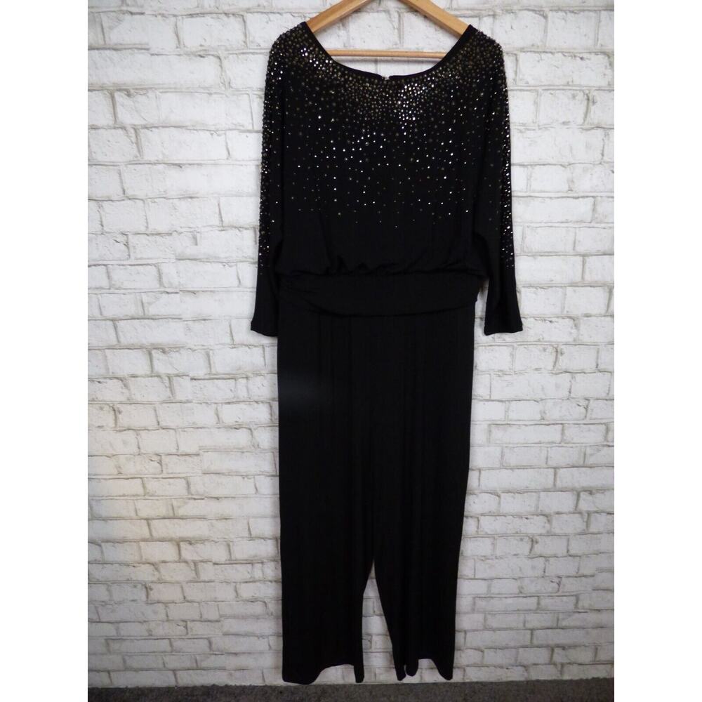 $199 Roaman's Black Jersey Rhinestone Embellished Jumpsuit 18W NEW R629